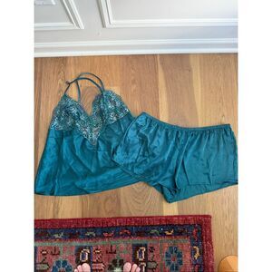 Linea Donatella Sleepwear Intimates Camisole Lace Shorts Teal Green XL